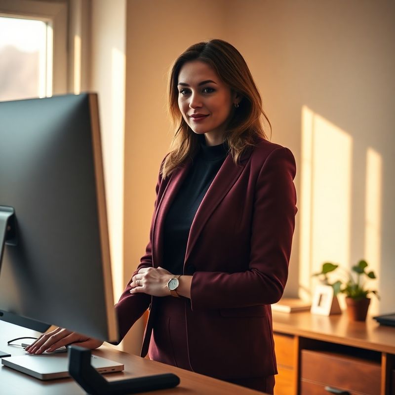 Portret candid al unei profesioniste la un birou cu un dashboard de date pe ecran